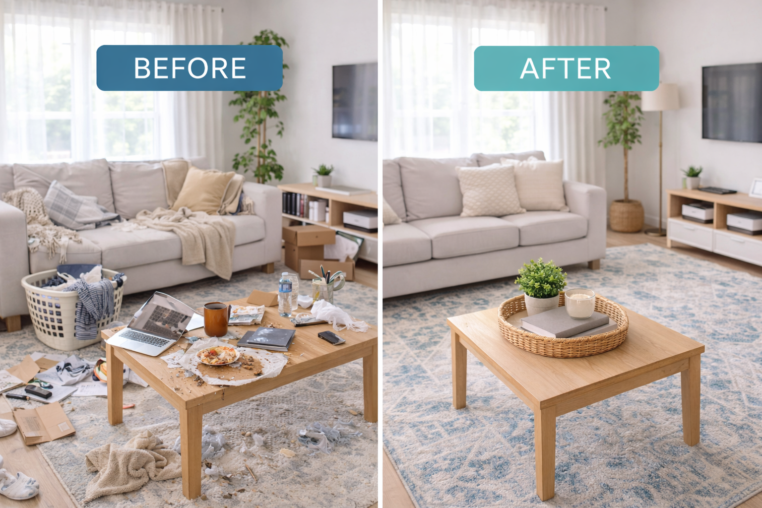 Before and after cleaning comparison of a living room