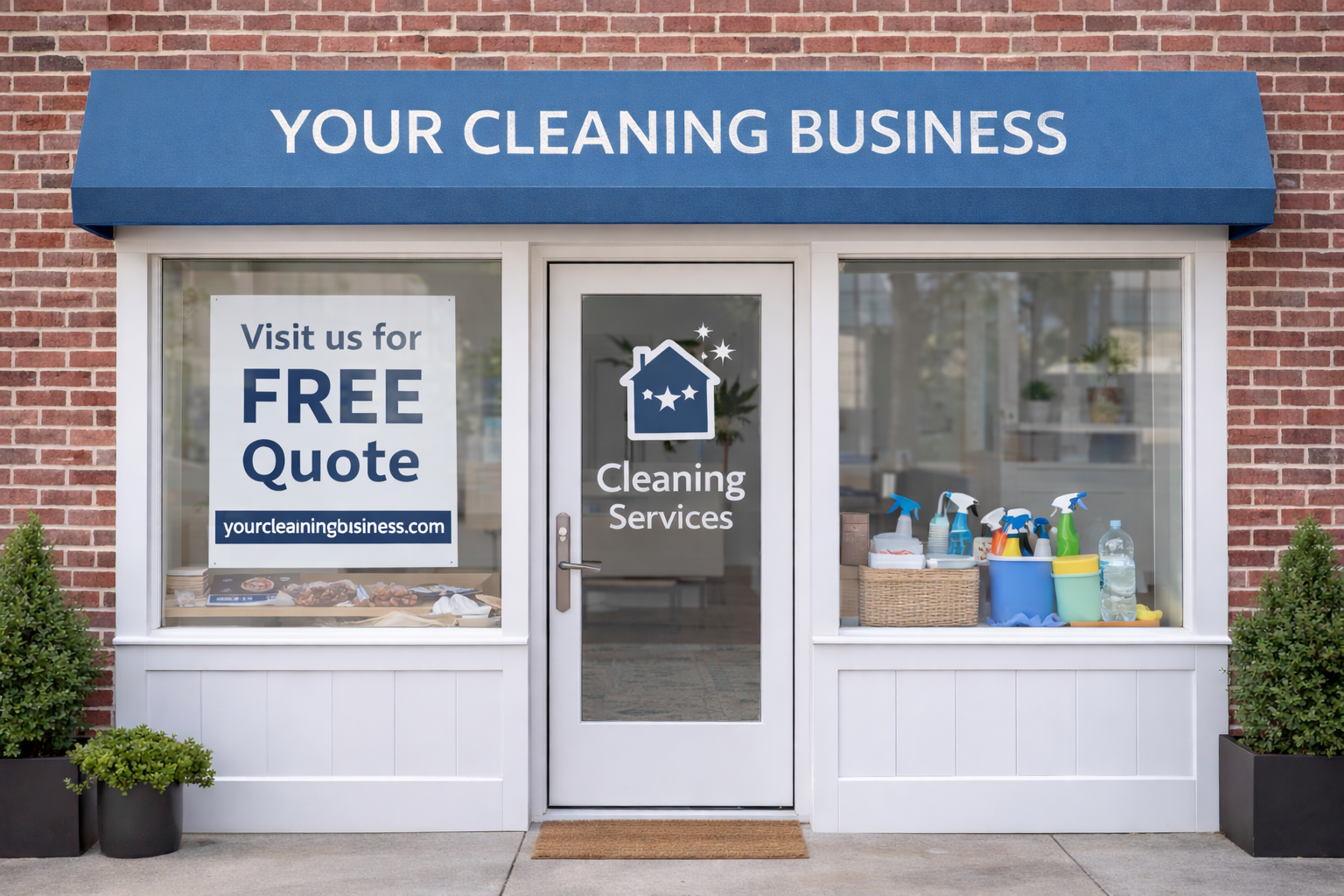 Cleaning business storefront with contact signage